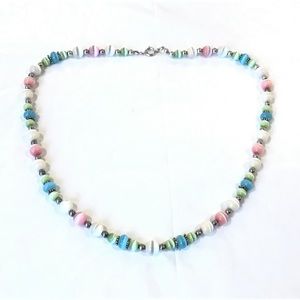 Sterling Silver Multicolor Glass Cats Eye Beaded Necklace 20" Long